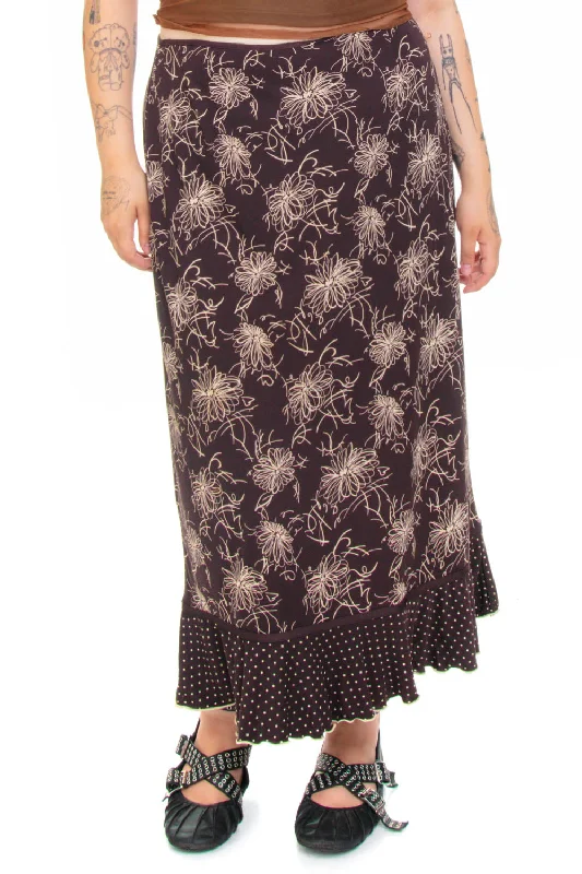 Vintage 90's Brown Polka Dot Flora Maxi Skirt - XL/2X