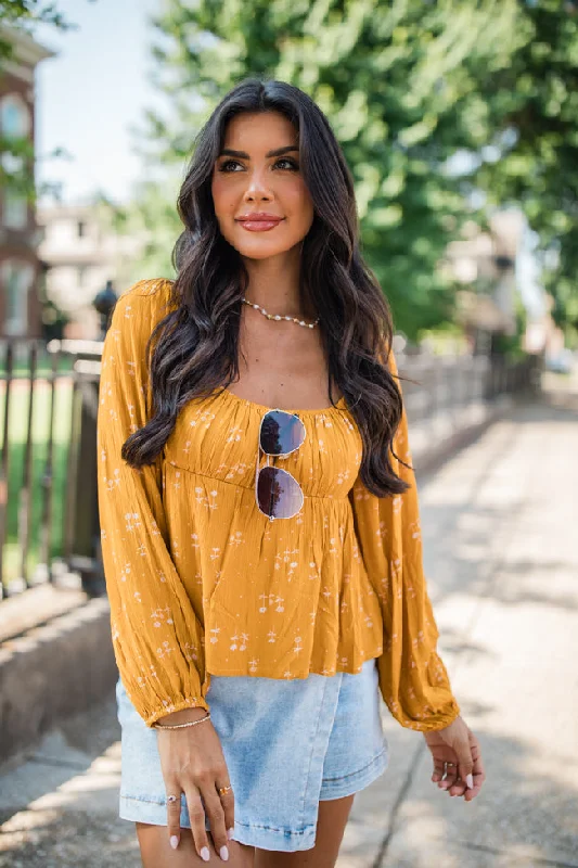 Follow You Anywhere Mustard Floral Babydoll Blouse