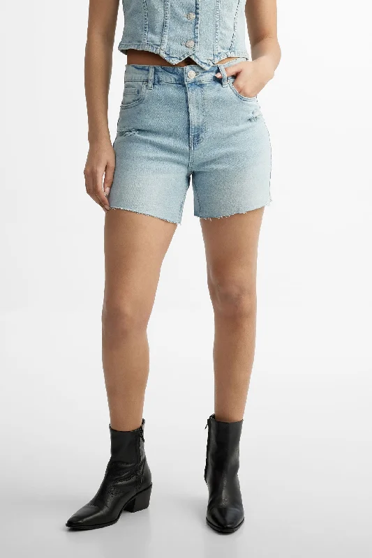 Short taille haute ourlet coupé en jeans - Femme