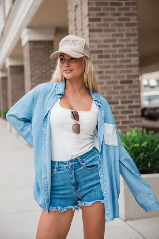 Talk It Over Waffle Detail Chambray Button Front Blouse