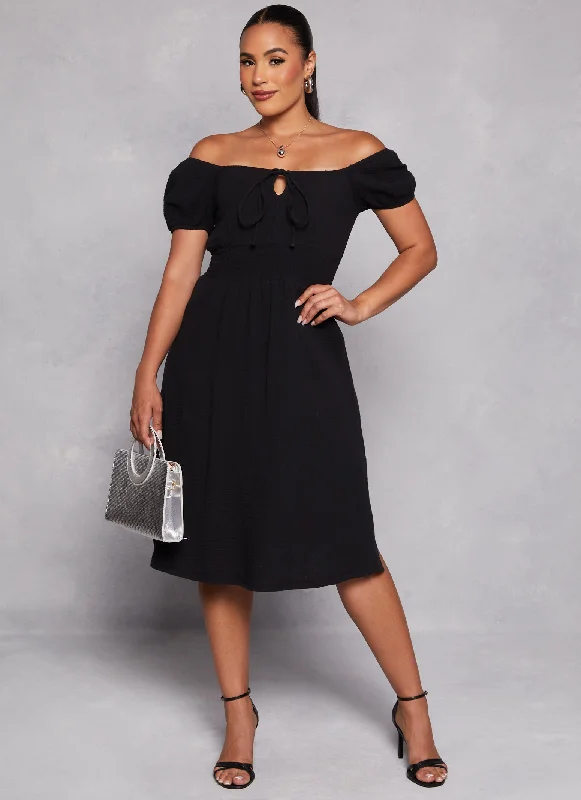 Off The Shoulder Smocked Waist Peasant Dress