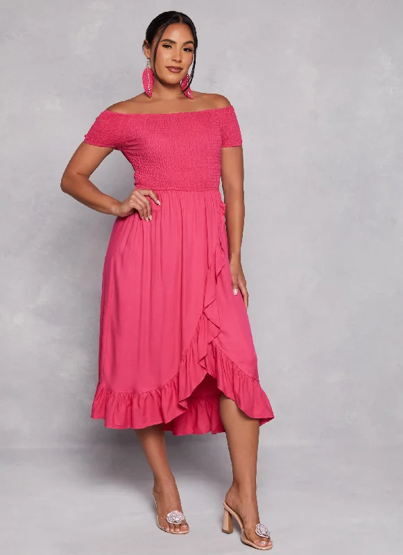 Off The Shoulder Smocked Tulip Hem Dress