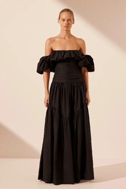 MAIORI OFF SHOULDER RUCHED BODICE MAXI DRESS - BLACK