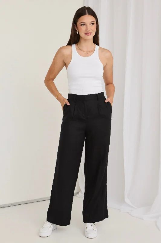 Island Black Linen Pleat Front Wide Leg Pant