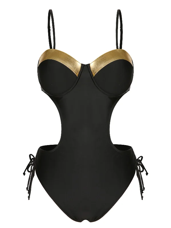 Black 1970s Spaghetti Strap Hollow One-Piece Swimsuit