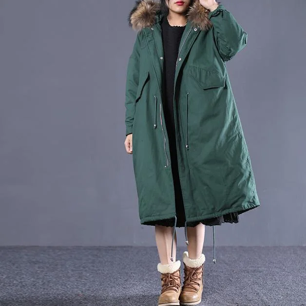 blackish green down overcoat plus size clothing hooded fur collar quilted coat