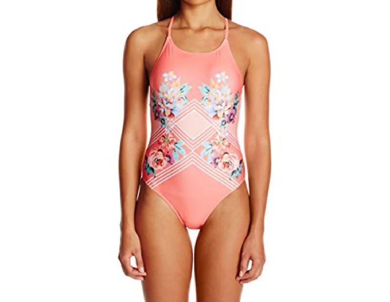 Blooming Floral Cross Back Strap One-Piece In Peach