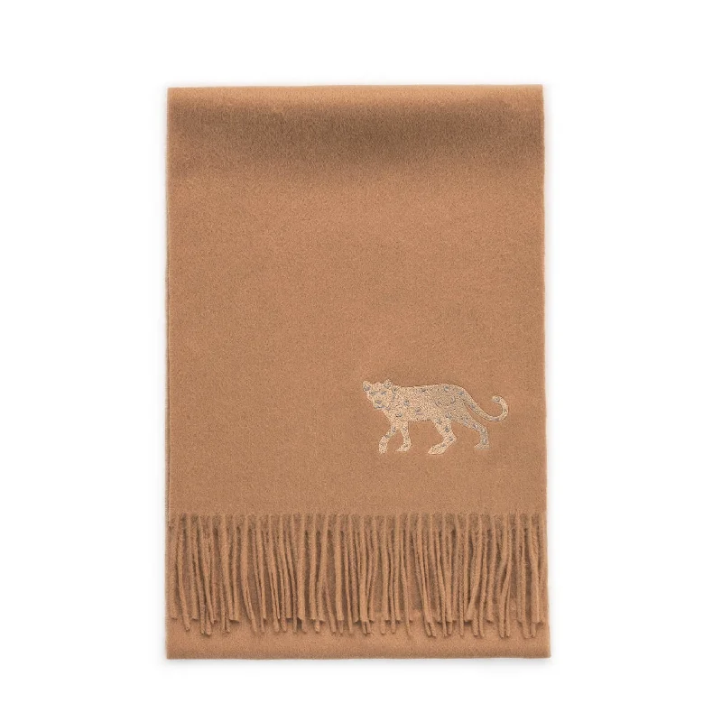 Cashmere Scarf With Leopard Embroidery - Camel