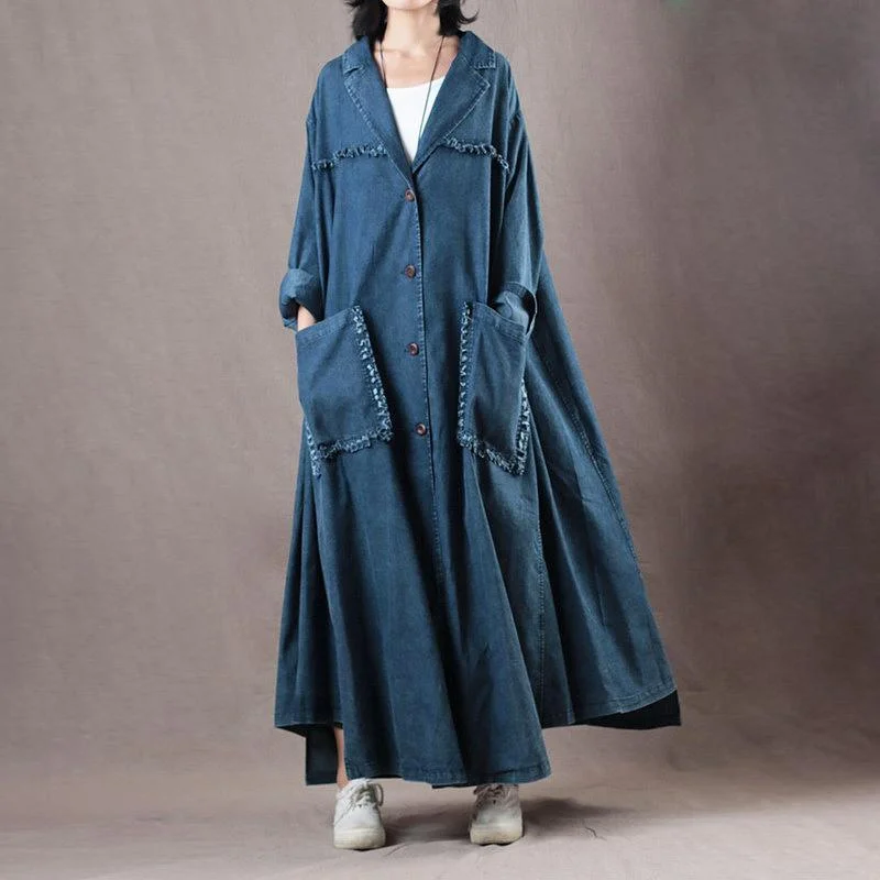 Elegant denim blue Winter coat plus size clothing Notched long coat top quality large hem pockets coat