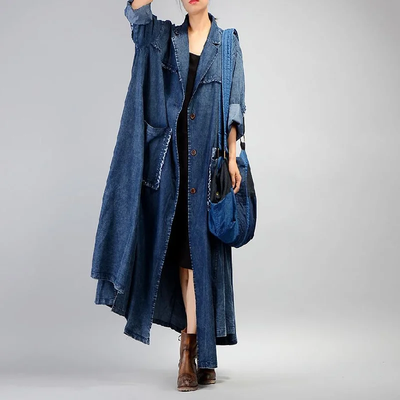 Fashion denim blue coat for woman plus size long coat Notched patchwork pockets coats