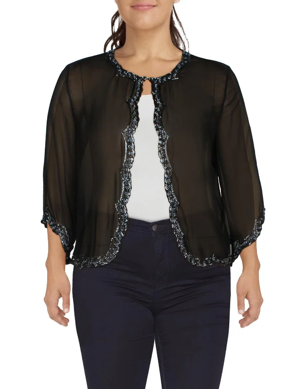 Petites Womens Chiffon Beaded Collarless Blazer