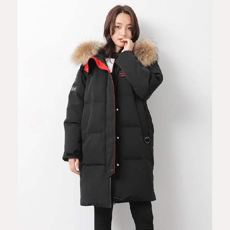 Warm black goose Down coat Loose fitting hooded womens parka long sleeve overcoat