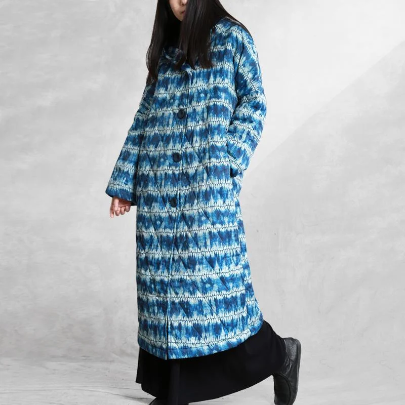 Warm blue print women parka Loose fitting down hooded Button outwear