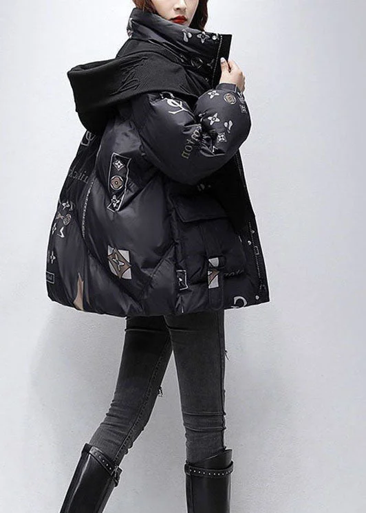 Women Black Letter Print Hooded Scarf Duck Down Down Coat Winter